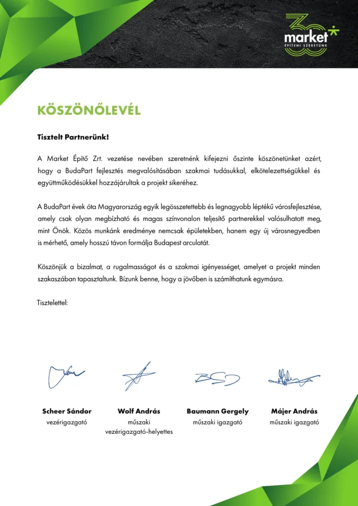 Market Építő Zrt. köszönőlevél a BudaPart fejlesztésben végzett BM-CONSTRUM festési és felületképzési munkák elismeréséről.